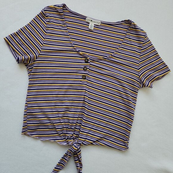 eye candy Tops - Eye Candy Striped Knot Front Short Sleeve Top Purple Yellow Summer